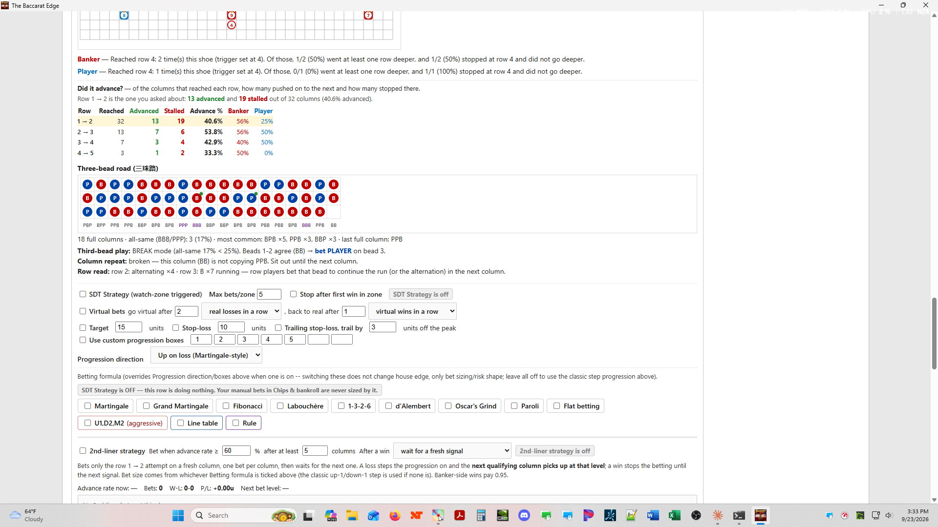 Did it advance table, Three-bead road, and SDT and 2nd-liner strategy settings