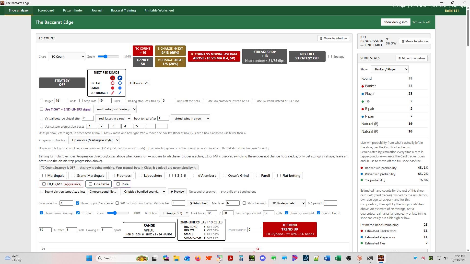 The Baccarat Edge Shoe Analyzer with TC Count, next-per-roads panel, and live shoe stats
